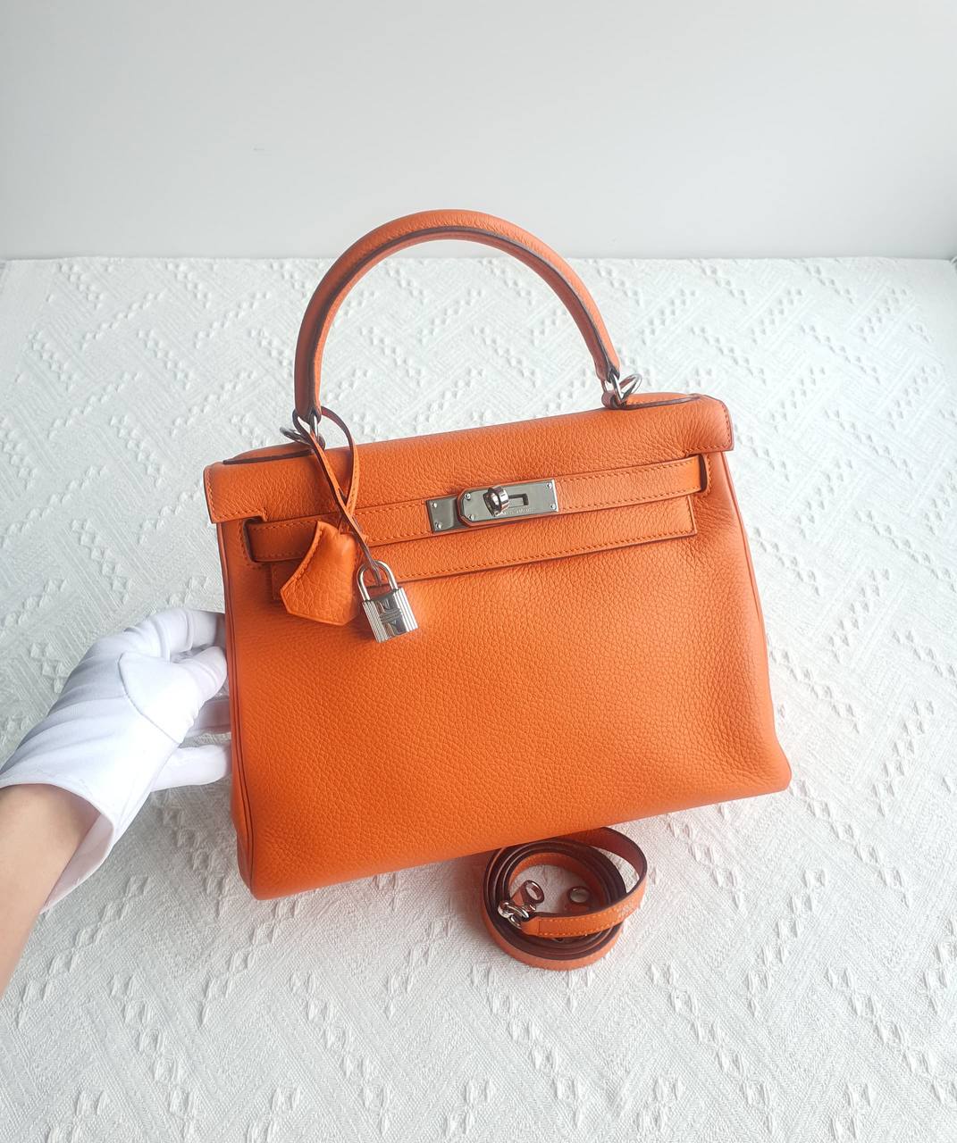 Hermes Kelly 28 Orange Togo Palladium Hardware Bag stamp K